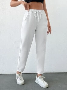 EURMUSE Women's Comfortable Drawstring Pocket Straight-Leg Jeans - White - View 4