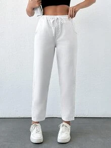 EURMUSE Women's Comfortable Drawstring Pocket Straight-Leg Jeans - White - View 3