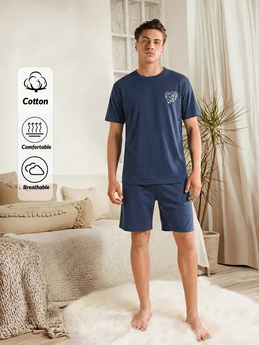 SHEIN Cottnline 100%Cotton Men's Printed Short Sleeve T-Shirt And Shorts Pajama Set - Navy Blue - View 1