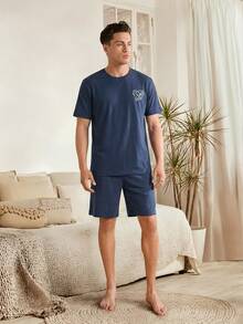 SHEIN Cottnline 100%Cotton Men's Printed Short Sleeve T-Shirt And Shorts Pajama Set - Navy Blue - View 3