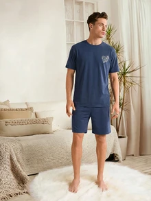 SHEIN Cottnline 100%Cotton Men's Printed Short Sleeve T-Shirt And Shorts Pajama Set - Navy Blue - View 5