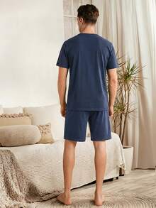 SHEIN Cottnline 100%Cotton Men's Printed Short Sleeve T-Shirt And Shorts Pajama Set - Navy Blue - View 2
