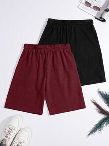 SHEIN Cottnline Men's Basic Waffle Fabric Shorts 2 Packs - Burgundy - View 2