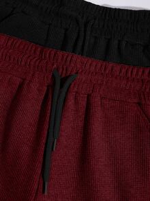 SHEIN Cottnline Men's Basic Waffle Fabric Shorts 2 Packs - Burgundy - View 5