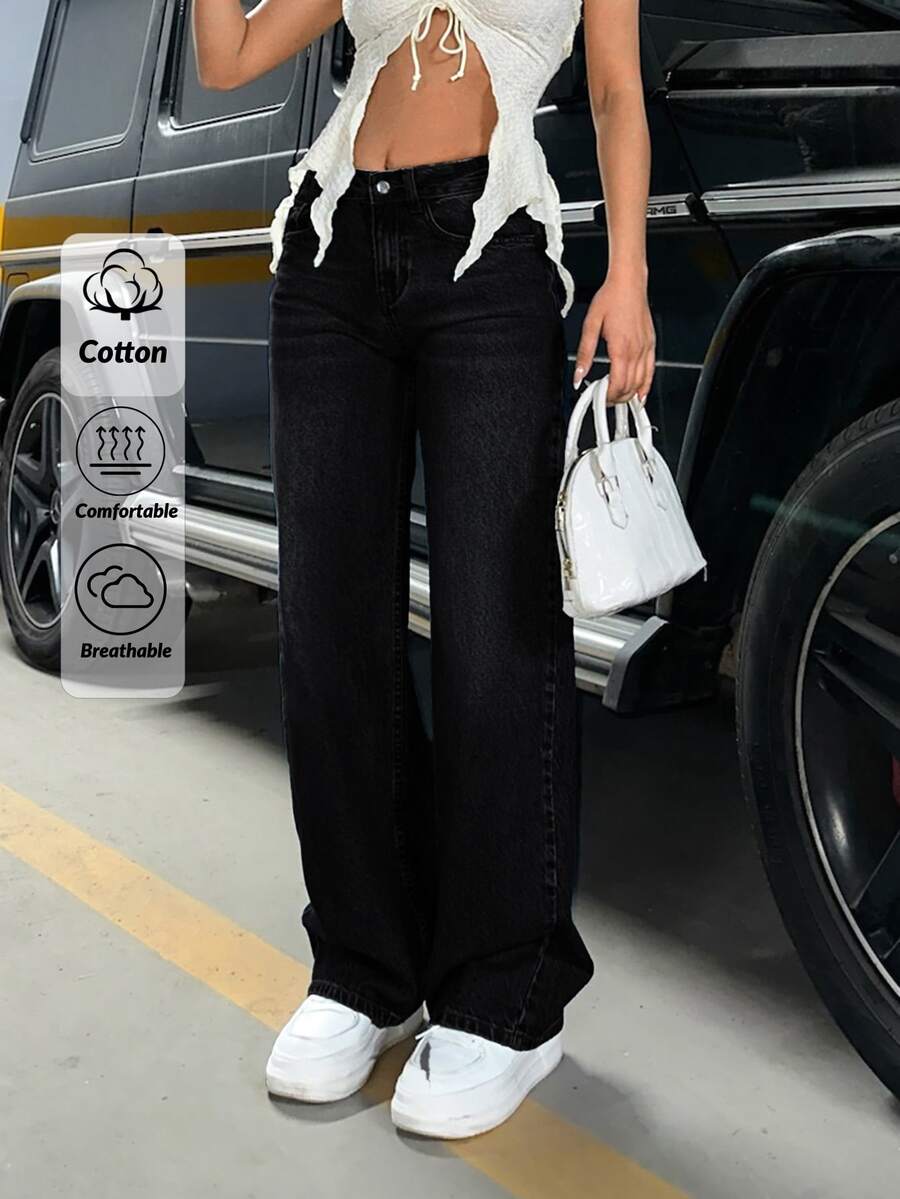 EURMUSE 100%棉 低腰寬腿黑色牛仔褲，小碼女款校園夏季休閒