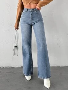EURMUSE High Waist Straight Leg Jeans - Light Wash - View 4