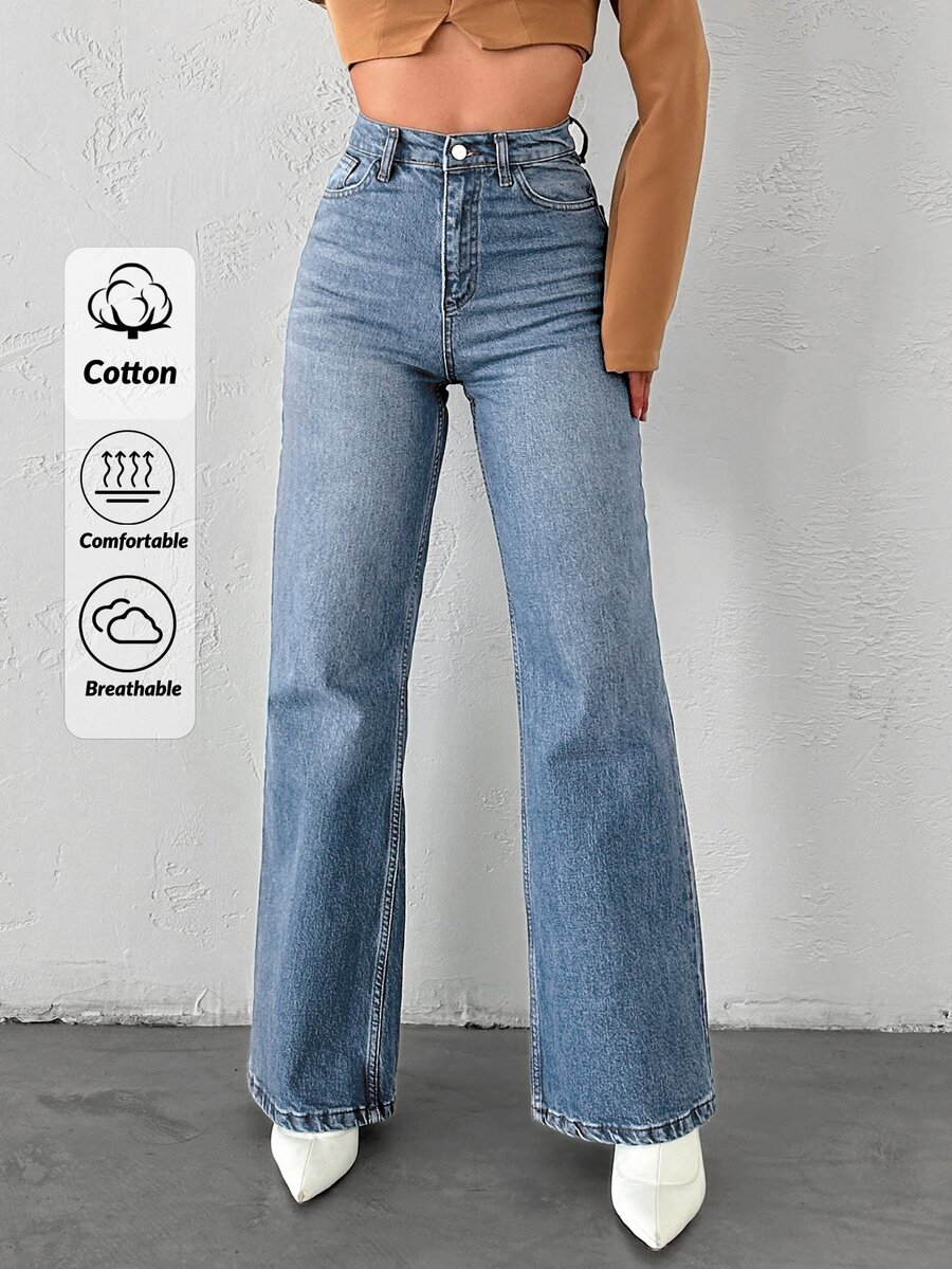 EURMUSE High Waist Straight Leg Jeans - Light Wash - View 1