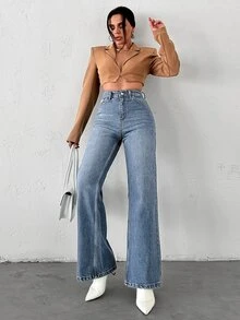 EURMUSE High Waist Straight Leg Jeans - Light Wash - View 3