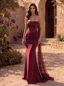 Coutiva Luxury Fall Ruched Waist Train Formal Dress,For Gala,Ball Date Night,Vintage,Wedding Elegant Party - Burgundy - View 5