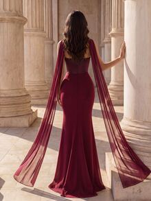 Coutiva Luxury Fall Ruched Waist Train Formal Dress,For Gala,Ball Date Night,Vintage,Wedding Elegant Party - Burgundy - View 2