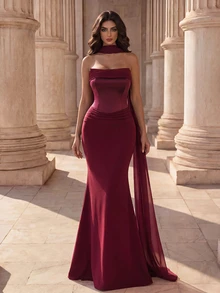 Coutiva Luxury Fall Ruched Waist Train Formal Dress,For Gala,Ball Date Night,Vintage,Wedding Elegant Party - Burgundy - View 3