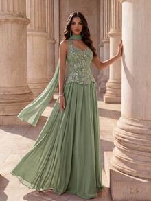 Coutiva Women's Sequin Patchwork Chiffon Halter Neck Long Formal Evening Gown (Heavy Workmanship Style) - Green - View 1
