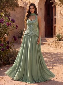Coutiva Women's Sequin Patchwork Chiffon Halter Neck Long Formal Evening Gown (Heavy Workmanship Style) - Green - View 6