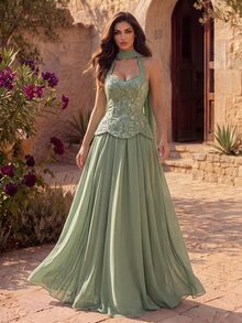 Coutiva Women's Sequin Patchwork Chiffon Halter Neck Long Formal Evening Gown (Heavy Workmanship Style) - Green - View 5
