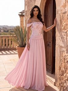 Coutiva Gaun Maxi Merah Muda Fuchsia yang Romantis dan Elegan - Atasan Renda Bahu Terbuka dan Rok Chiffon yang Mengalir, Cocok untuk Pernikahan, Acara Makan Malam Gladi Resik, Persiapan Pengantin, dan Musim Dingin. - Berwarna merah muda - View 2