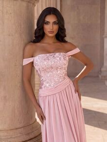 Coutiva Gaun Maxi Merah Muda Fuchsia yang Romantis dan Elegan - Atasan Renda Bahu Terbuka dan Rok Chiffon yang Mengalir, Cocok untuk Pernikahan, Acara Makan Malam Gladi Resik, Persiapan Pengantin, dan Musim Dingin. - Berwarna merah muda - View 4