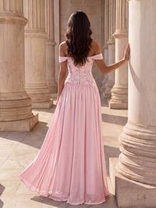 Coutiva Gaun Maxi Merah Muda Fuchsia yang Romantis dan Elegan - Atasan Renda Bahu Terbuka dan Rok Chiffon yang Mengalir, Cocok untuk Pernikahan, Acara Makan Malam Gladi Resik, Persiapan Pengantin, dan Musim Dingin. - Berwarna merah muda - View 3