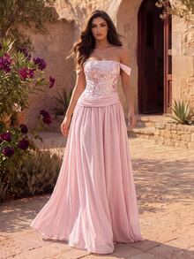 Coutiva Gaun Maxi Merah Muda Fuchsia yang Romantis dan Elegan - Atasan Renda Bahu Terbuka dan Rok Chiffon yang Mengalir, Cocok untuk Pernikahan, Acara Makan Malam Gladi Resik, Persiapan Pengantin, dan Musim Dingin. - Berwarna merah muda - View 6