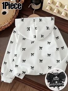 1pc Young Girls Bow Pattern Printed Casual Versatile Zip-Up Round Neck Hooded Sweatshirt, Suitable For Daily Wear, Comfortable And Relaxed - Multicolor - View 2