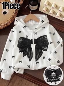 1pc Young Girls Bow Pattern Printed Casual Versatile Zip-Up Round Neck Hooded Sweatshirt, Suitable For Daily Wear, Comfortable And Relaxed - Multicolor - View 3