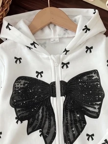 1pc Young Girls Bow Pattern Printed Casual Versatile Zip-Up Round Neck Hooded Sweatshirt, Suitable For Daily Wear, Comfortable And Relaxed - Multicolor - View 4