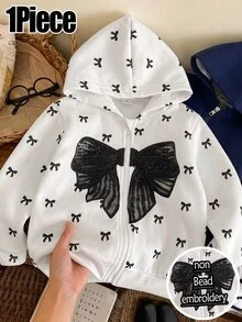 1pc Young Girls Bow Pattern Printed Casual Versatile Zip-Up Round Neck Hooded Sweatshirt, Suitable For Daily Wear, Comfortable And Relaxed - Multicolor - View 1