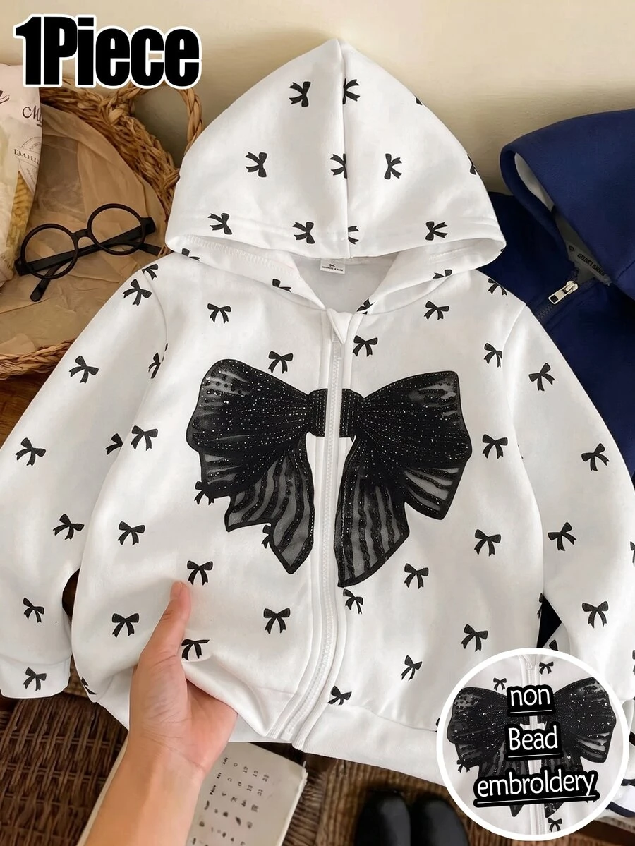 1pc Young Girls Bow Pattern Printed Casual Versatile Zip-Up Round Neck Hooded Sweatshirt, Suitable For Daily Wear, Comfortable And Relaxed - Multicolor - View 1