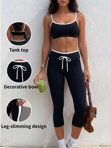 SHEIN Sports Women's Spring Summer Autumn Premium Sexy Yoga Running Outdoor Tummy Control Butt Lift Fitness Camisole Sports Set - Black - View 1