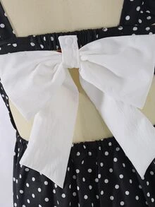 SHEIN 女童波點連身褲，背部鏤空設計，大蝴蝶結與荷葉袖，休閒通勤風，適合日常穿著、度假及其他場合 - 黑色 - 查看 3