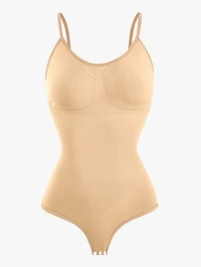 SHEIN 1pc Women Simple Solid Color Spaghetti Strap Seamless Bodysuit - Apricot - View 7