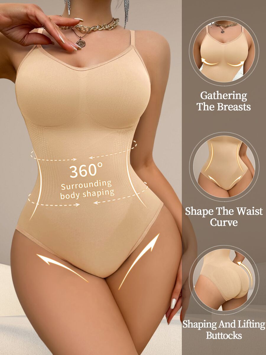 SHEIN 1pc Women Simple Solid Color Spaghetti Strap Seamless Bodysuit - Apricot - View 1