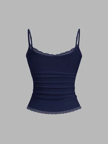 Sweetra 女款純色對比蕾絲修身細肩帶背心 - 彩色 - 查看 6
