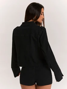 SHEIN BAE 女款長袖金屬鈕扣設計拉鍊門襟牛仔夾克 - 黑色 - 查看 2