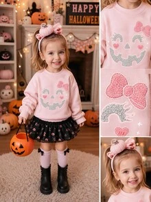 超可愛粉色萬聖節南瓜微笑與蝴蝶結圖案，「Hey Bootiful!」 「Trick Or Treat!」女孩休閒柔軟圓領套頭寬鬆厚款衛衣，適合秋冬日常、萬聖節、甜美風格、南瓜季，「BOO!」 - 粉色 - 查看 2