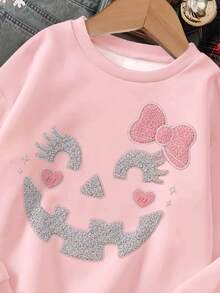 超可愛粉色萬聖節南瓜微笑與蝴蝶結圖案，「Hey Bootiful!」 「Trick Or Treat!」女孩休閒柔軟圓領套頭寬鬆厚款衛衣，適合秋冬日常、萬聖節、甜美風格、南瓜季，「BOO!」 - 粉色 - 查看 4
