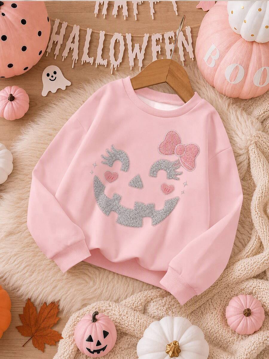 超可愛粉色萬聖節南瓜微笑與蝴蝶結圖案,「Hey Bootiful!」 「Trick Or Treat!」女孩休閒柔軟圓領套頭寬鬆厚款衛衣,適合秋冬日常、萬聖節、甜美風格、南瓜季,「BOO!」 - 粉色 - 查看 1
