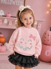 超可愛粉色萬聖節南瓜微笑與蝴蝶結圖案，「Hey Bootiful!」 「Trick Or Treat!」女孩休閒柔軟圓領套頭寬鬆厚款衛衣，適合秋冬日常、萬聖節、甜美風格、南瓜季，「BOO!」 - 粉色 - 查看 3