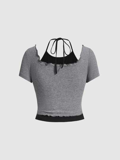 SHEIN MOD Women's Color Block 2 In 1 Halter Neck Tee,Summer Tops,Cute Tops,Festival Outfits,Holiday Outfits ,Back To School Clothes,Going Out Outfits