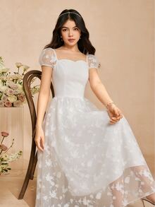 SHEIN 女童蕾丝连衣裙，优雅白色纯色长裙，适合婚礼、毕业典礼及各种聚会场合 - 白色 - 查看 4