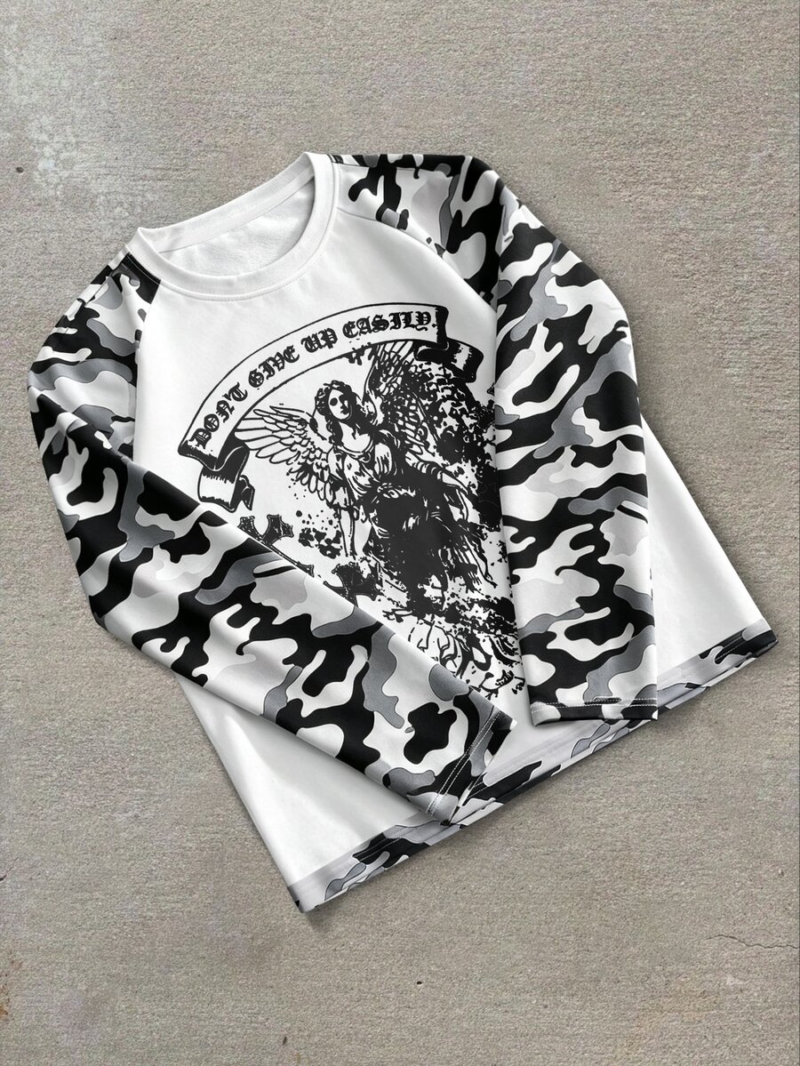 Manfinity Roghcode Men's Crew Neck Letter Angel Graphic Casual Streetwear Daily T-Shirt Vacation Holiday White Camo Fall - Multicolor - View 1