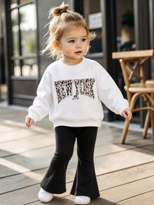 Elladie kids 幼童女童紐約豹紋字母印花白色落肩衛衣與黑色喇叭褲2件套休閒返校運動服套裝 - 白色 - 查看 7