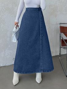 EURMUSE Women's Casual A-Line Denim Skirt For Everyday Wear, Autumn - Dusty Blue - View 5