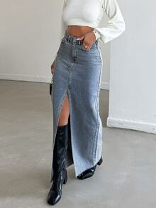 Cloudara Women's Solid Color Pocket Slit Maxi Denim Skirt - Light Wash - View 3