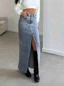 Cloudara Women's Solid Color Pocket Slit Maxi Denim Skirt - Light Wash - View 5