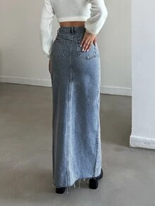 Cloudara Women's Solid Color Pocket Slit Maxi Denim Skirt - Light Wash - View 2