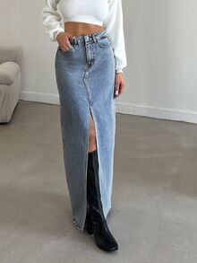 Cloudara Women's Solid Color Pocket Slit Maxi Denim Skirt - Light Wash - View 4
