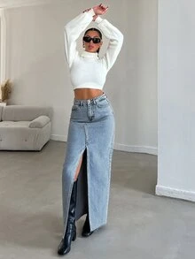 Cloudara Women's Solid Color Pocket Slit Maxi Denim Skirt - Light Wash - View 6
