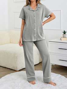 SHEIN Cottnline بيجاما للنساء مكونة من توب قصير الأكمام وسروال طويل للارتداء بالمنزل - رمادي فاتح - مشاهدة 5
