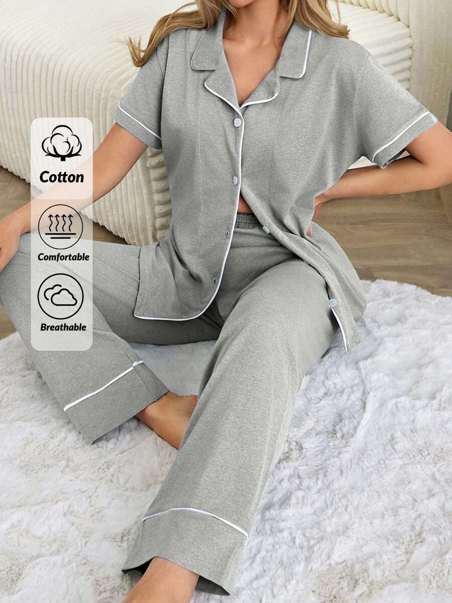 SHEIN Cottnline بيجاما للنساء مكونة من توب قصير الأكمام وسروال طويل للارتداء بالمنزل - رمادي فاتح - مشاهدة 1