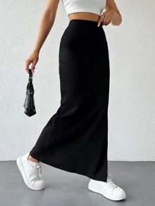 EURMUSE Women Solid Color Slit Detailed Tube Skirt - Black - View 5
